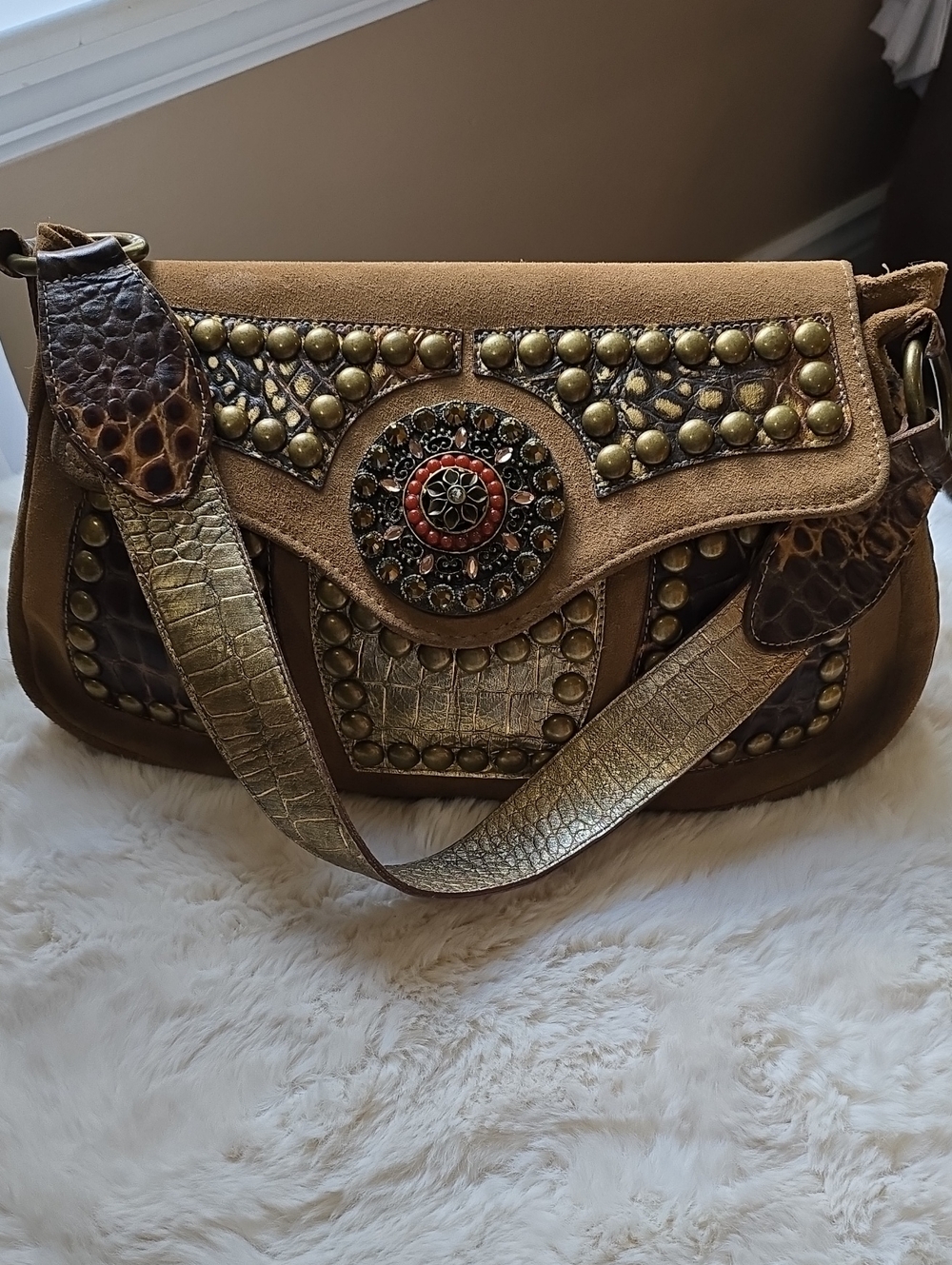 Studded Suede Shoulder Bag in Brown and Gold